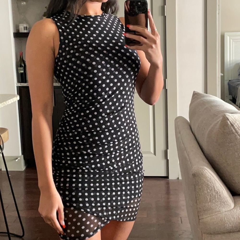 Black and white polkadot high neck dress